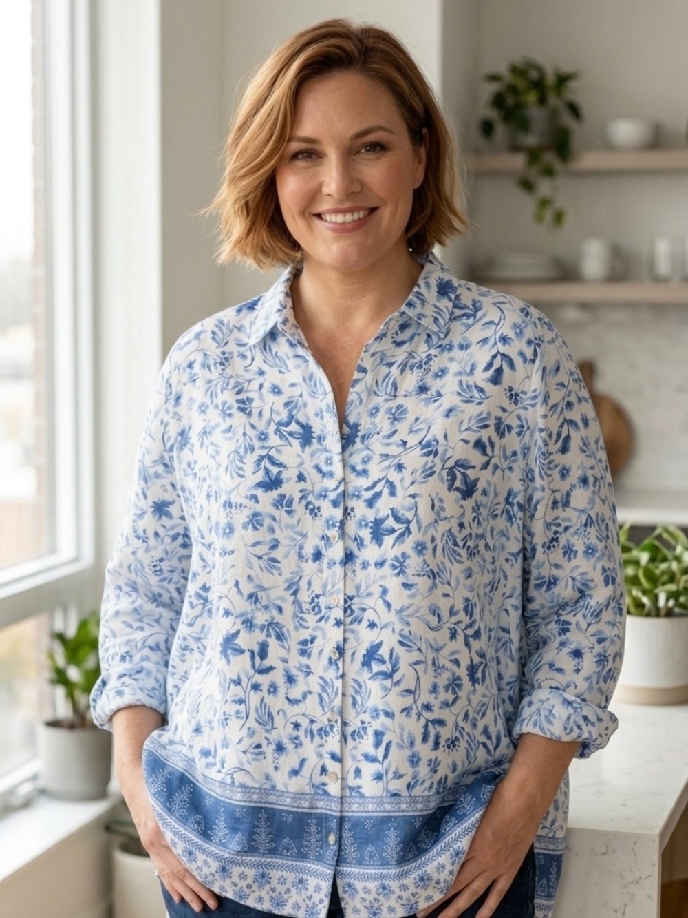 100% Linen Joie White and Blue Floral Button-Down Shirt - 1X SIZE